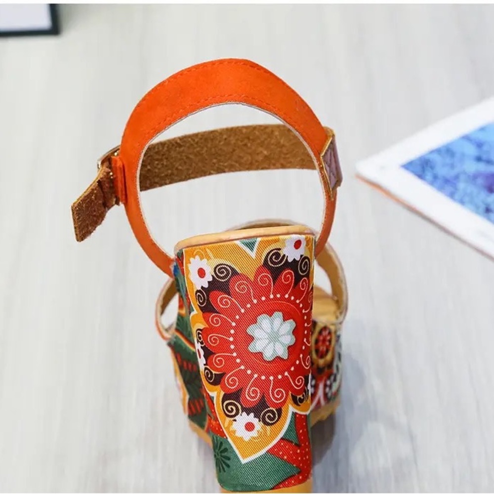 Orange Buckle Retro Floral Wedge Platform Heel Shoes - Picture 9 of 10